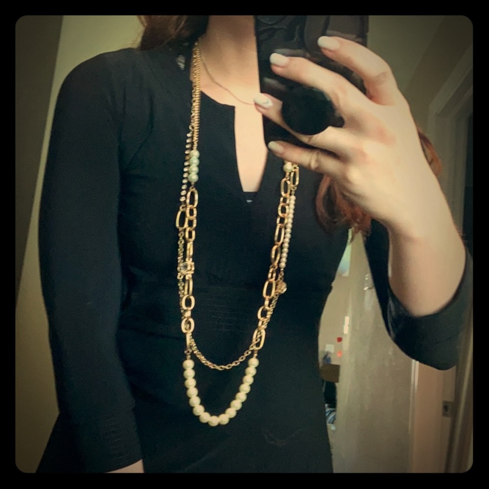 (CLOSET CLOSING FINAL SALE) Gold Pearl Diamond Flapper Gatsby 20's Necklace